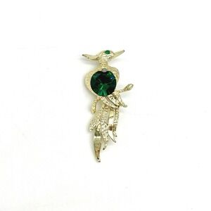 Bird Brooch Emerald Green Rhinestone‎ Gold Tone Statement Pin Jewelry